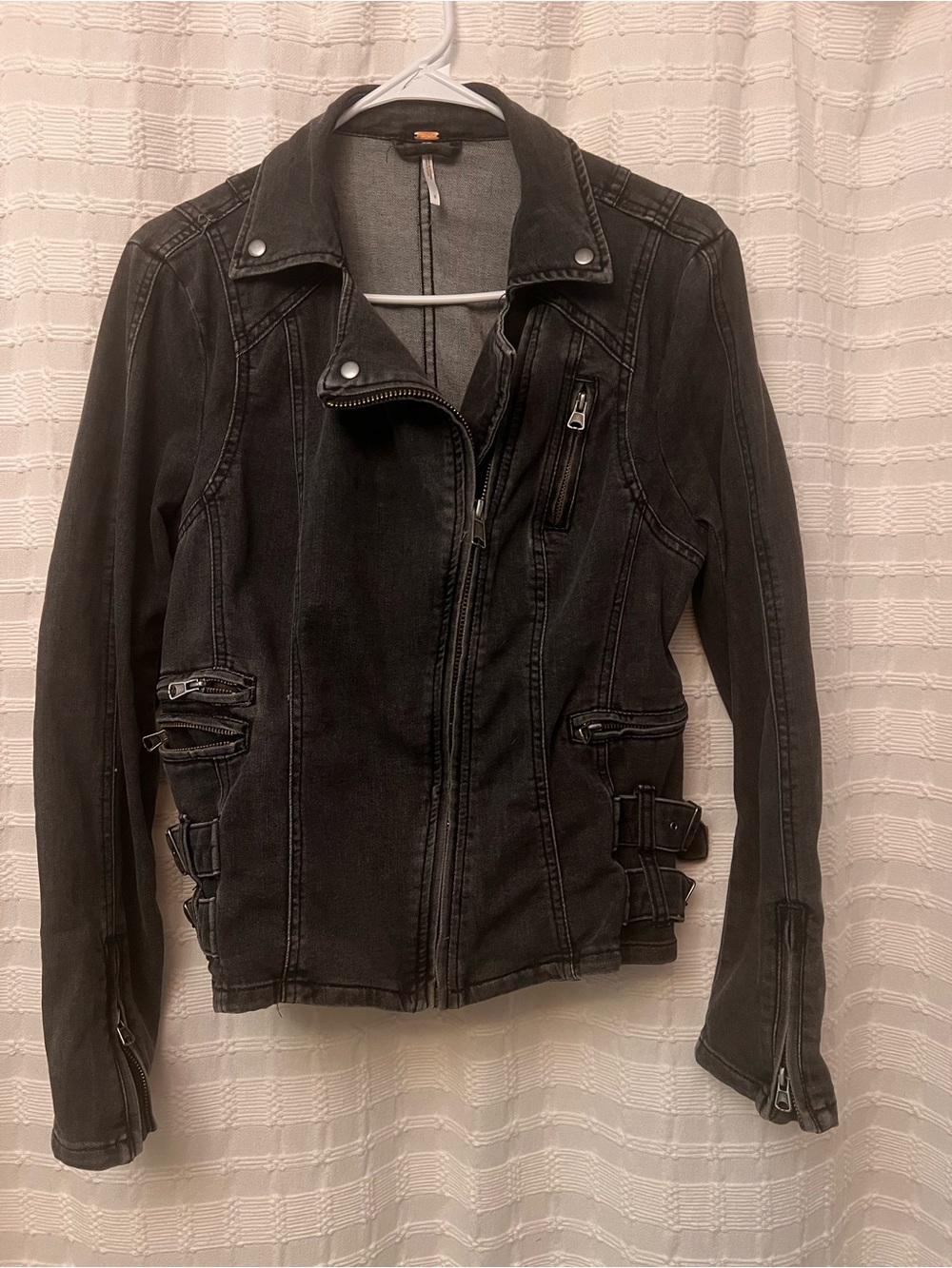 Free People Black Moto-Style black denim Jacket with Buckle Details